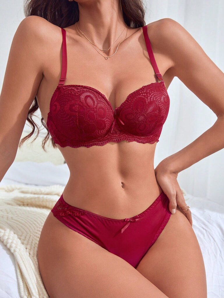 Floral Lace Underwire Alusvaatteet Set·Burgundy·L hinta ja tiedot | Rintaliivit | hobbyhall.fi