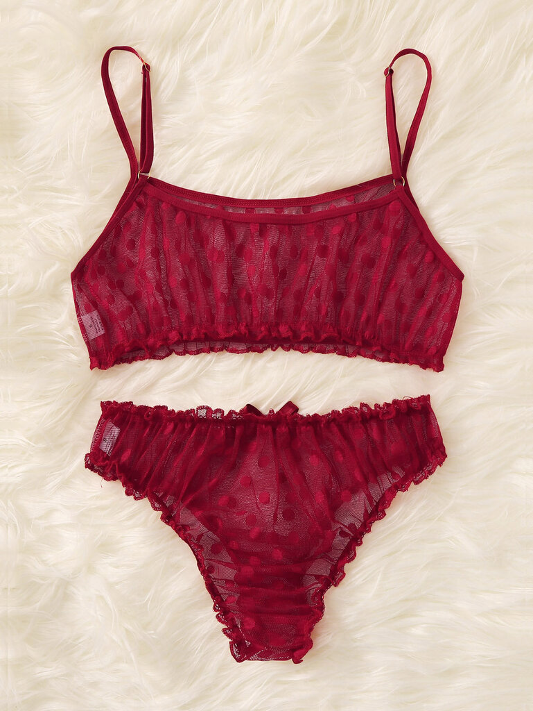 Polka Dot Mesh Frill Trim Alusvaatteet Set·Burgundy·S hinta ja tiedot | Rintaliivit | hobbyhall.fi