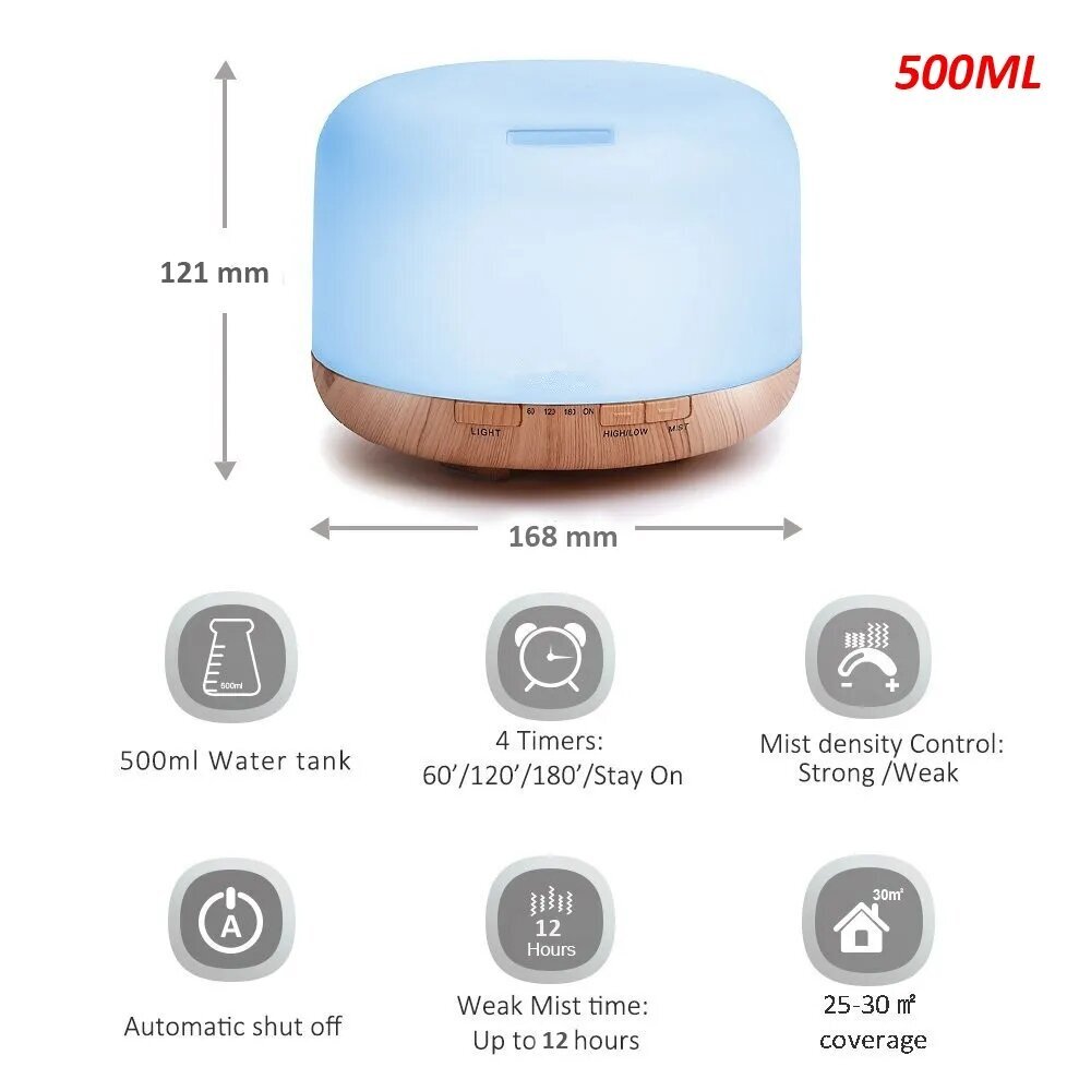 Ilmankostutin kotiin 500ml Ultraääni-eteeristen öljyjen diffuusorilla Cool Mist Maker Fogger LED-lamppu Sähköinen aromihajotin INORCO hinta ja tiedot | Ilmankostuttimet | hobbyhall.fi