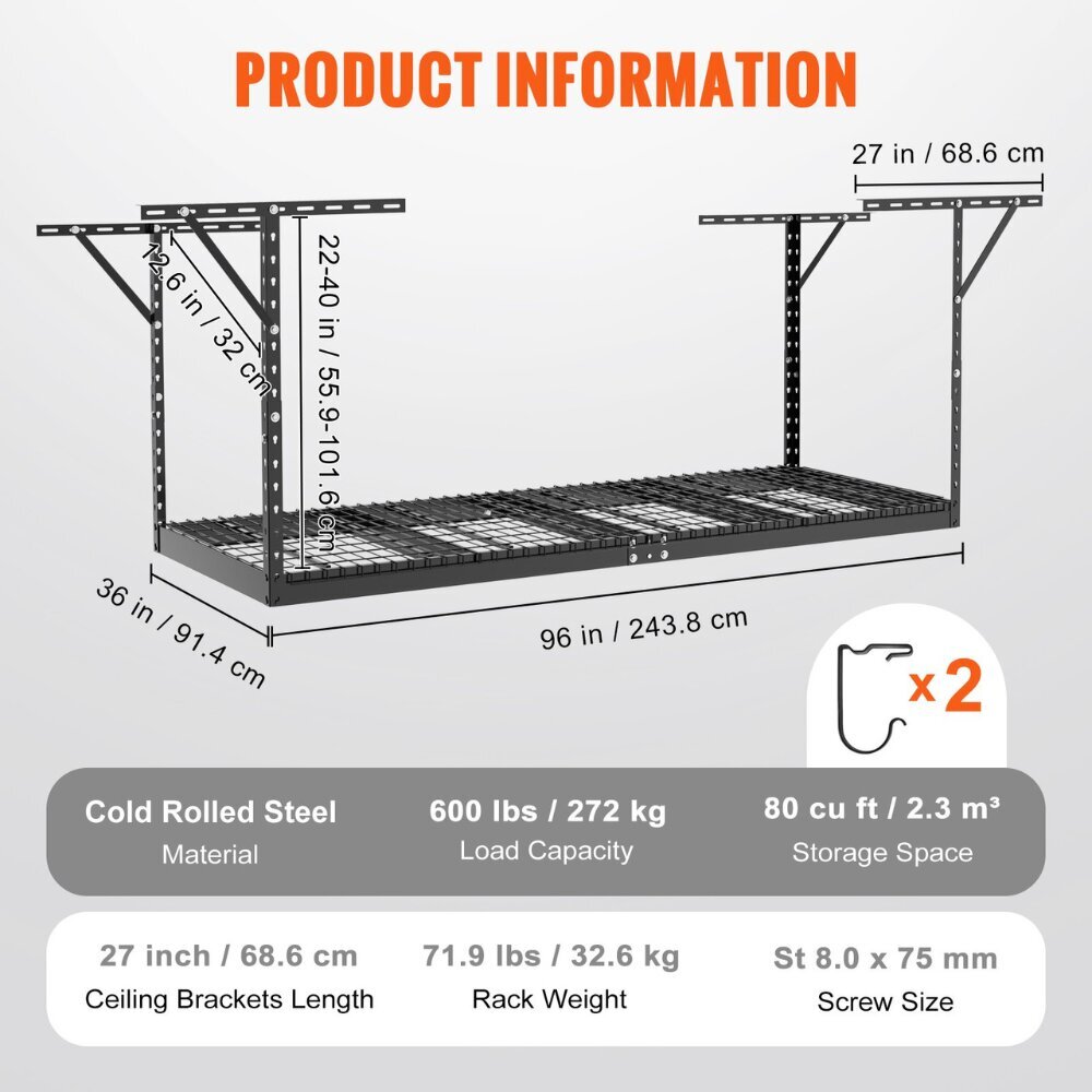 Säädettävä Vevor kattohylly autotalliin, 91x243x101 cm hinta ja tiedot | Varastohyllyt | hobbyhall.fi