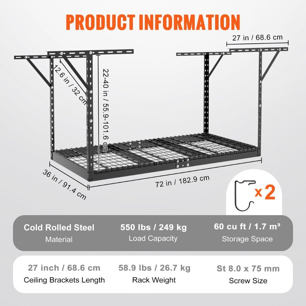 Säädettävä Vevor kattohylly autotalliin, 182x91x101 cm hinta ja tiedot | Varastohyllyt | hobbyhall.fi