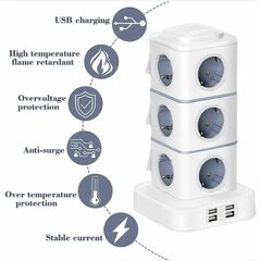 Tower Power Strip, 12 pistorasiaa (2500W/10A) 4 USB-portilla, pystysuuntaiset virtajohdot ylijännitesuojalla kotitoimistoon, 3M jatkojohto INORCO hinta ja tiedot | Kytkimet ja pistorasiat | hobbyhall.fi