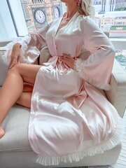 Fuzzy Trim Belted Satin Robe·Baby Pink·L hinta ja tiedot | Naisten kylpytakit | hobbyhall.fi