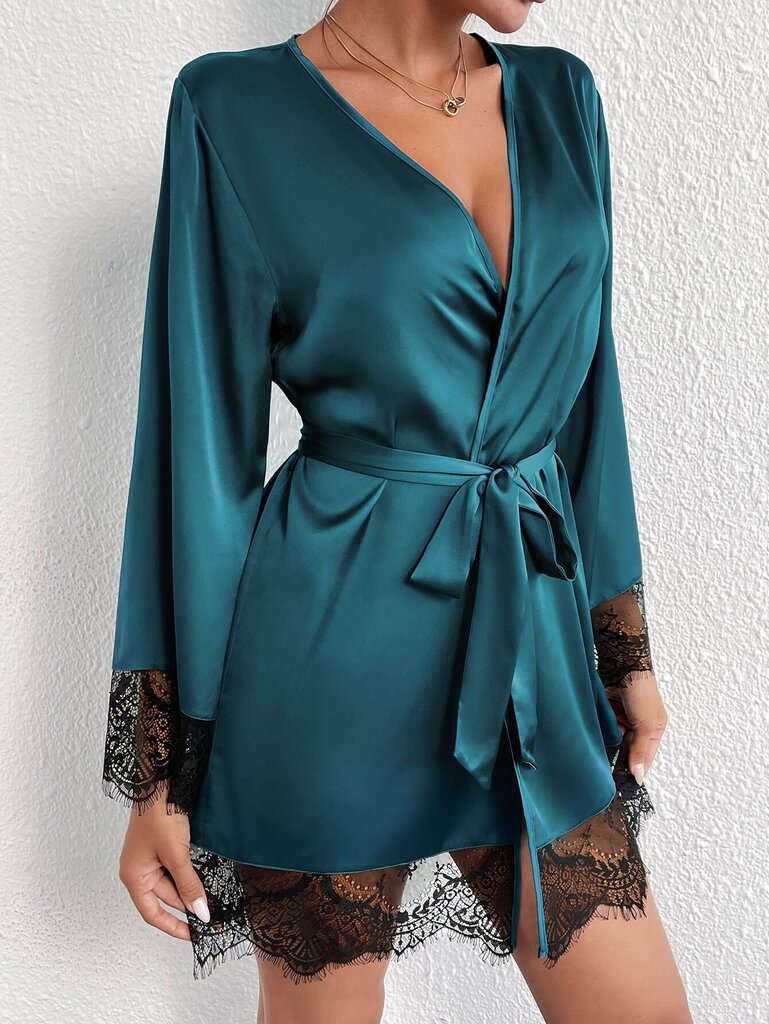 Ripsien pitsikoristelu Self Belted Satin Night Robe·Teal Blue·L hinta ja tiedot | Naisten kylpytakit | hobbyhall.fi