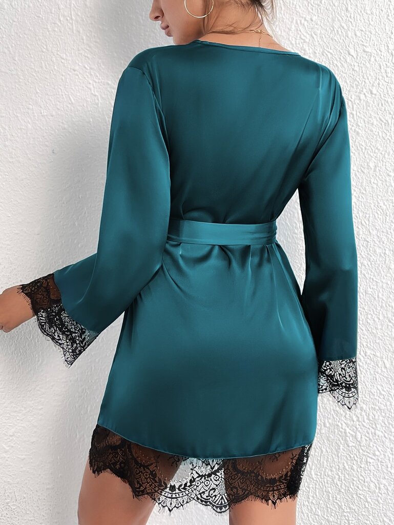 Ripsien pitsikoristelu Self Belted Satin Night Robe·Teal Blue·M hinta ja tiedot | Naisten kylpytakit | hobbyhall.fi