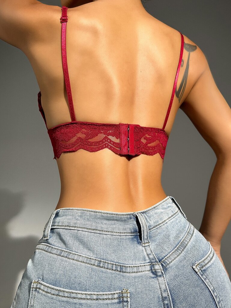 Floral Lace Scallop Trim Bralette·Burgundy·L hinta ja tiedot | Rintaliivit | hobbyhall.fi