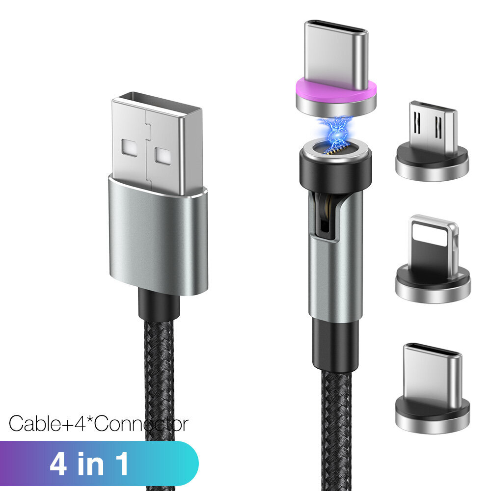 Magneettikaapeli Pikalataus Micro USB Type C 540 Kääntyvä 3A iPhonelle Xiaomi Samsung 1m Musta hinta ja tiedot | Puhelimen lisätarvikkeet | hobbyhall.fi