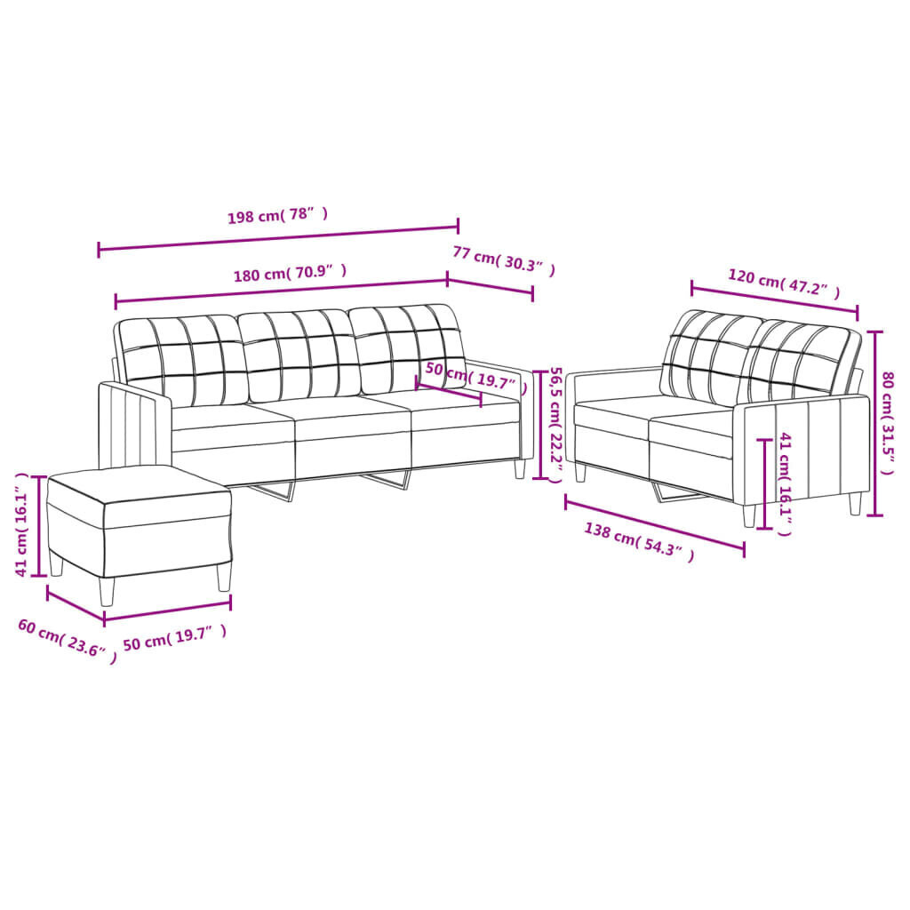 vidaXL 3-osainen lounge-setti, kangasverhoiltu, ruskea hinta ja tiedot | Sohvat ja vuodesohvat | hobbyhall.fi