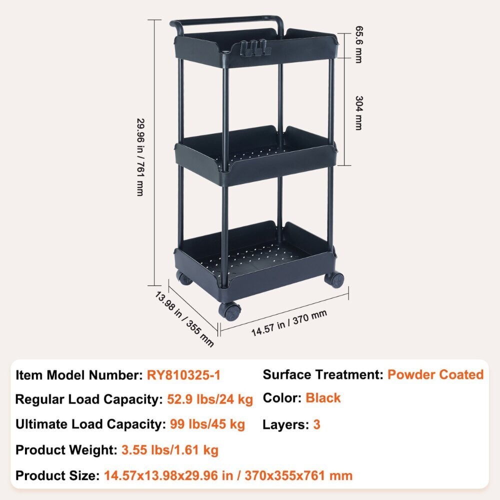 3-tasoinen keittiökärry Vevor, 370x355x761 mm hinta ja tiedot | Keittiön kaapit | hobbyhall.fi