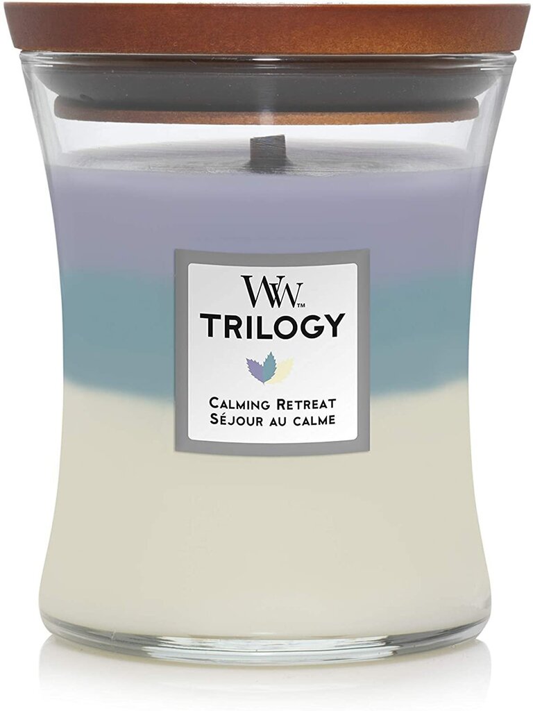 WoodWick Tuoksukynttilä Trilogy Calming Retreat, 275 g hinta ja tiedot | Kynttilät ja kynttilänjalat | hobbyhall.fi