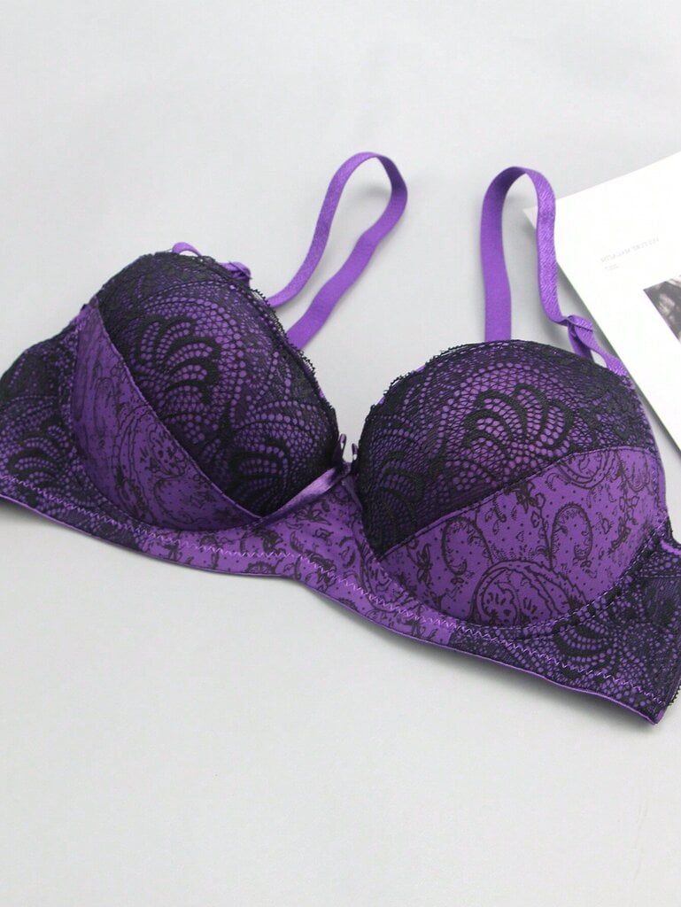 Ranskalaistyylinen värillinen lohkopitsi Patchwork Peasleeves kukkaprintti Sexy Bra·Purple·95E hinta ja tiedot | Rintaliivit | hobbyhall.fi