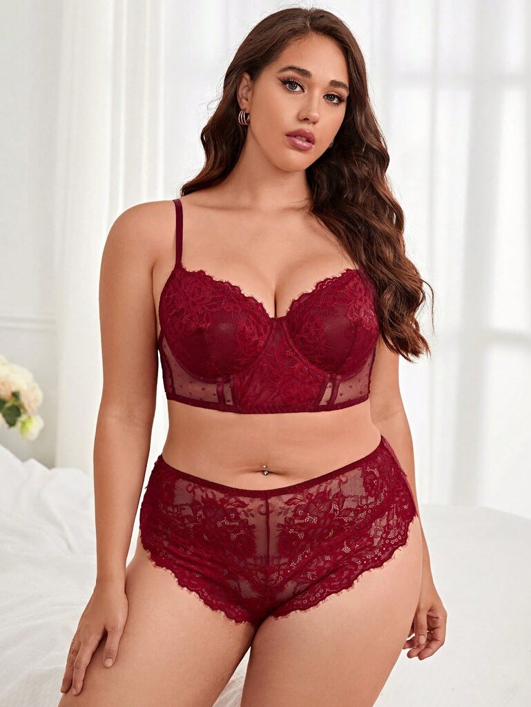 Plus Floral Lace Underwire Alusvaatteet Set·Burgundy·2XL hinta ja tiedot | Naisten aluspaidat | hobbyhall.fi