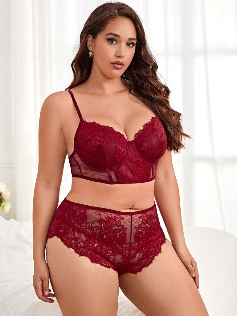 Plus Floral Lace Underwire Alusvaatteet Set·Burgundy·2XL hinta ja tiedot | Naisten aluspaidat | hobbyhall.fi