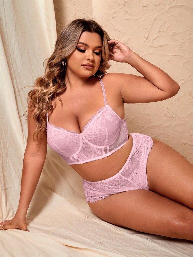 Plus Floral Lace Underwire Alusvaatteet Set·Pink·2XL hinta ja tiedot | Naisten aluspaidat | hobbyhall.fi