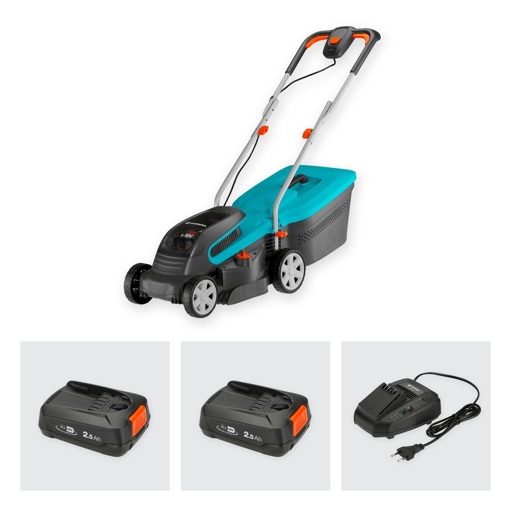 Gardena ruohonleikkuri PowerMax 32/36V P4A, sisältää Li-Ion 2x18V/2,5Ah akku ja pikalaturi AL1830CV hinta ja tiedot | Ruohonleikkurit | hobbyhall.fi