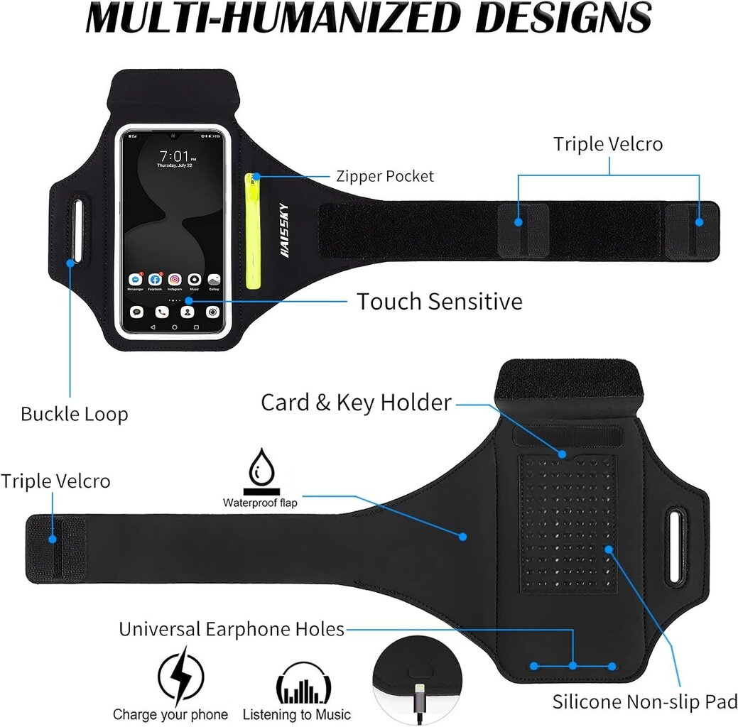 Urheilulenkkivarsinauha kuulokepussilla, säädettävä urheilumatkapuhelimen käsivarsinauha jopa 6,7" (musta) hinta ja tiedot | Treenivälineet | hobbyhall.fi