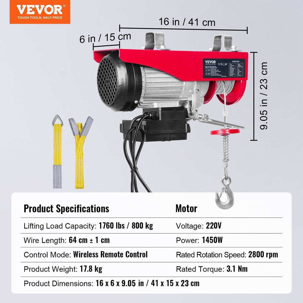 Sähköinen nostin/nosturi Vevor, 1450W, 400-800kg hinta ja tiedot | Käsityökalut | hobbyhall.fi