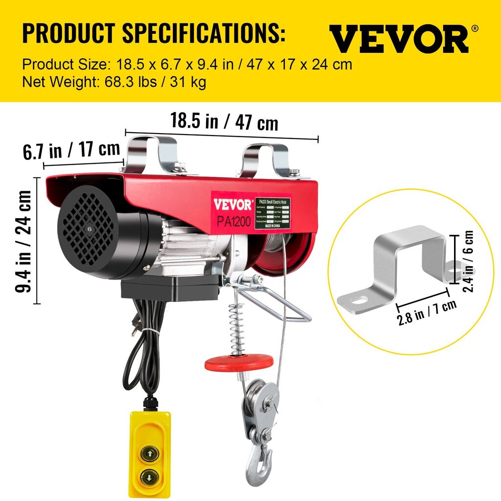 Sähköinen nostin/nosturi Vevor, 220V, 1200kg hinta ja tiedot | Käsityökalut | hobbyhall.fi