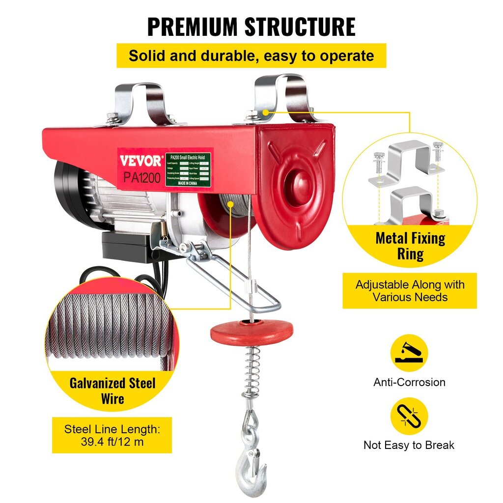 Sähköinen nostin/nosturi Vevor, 220V, 1200kg hinta ja tiedot | Käsityökalut | hobbyhall.fi