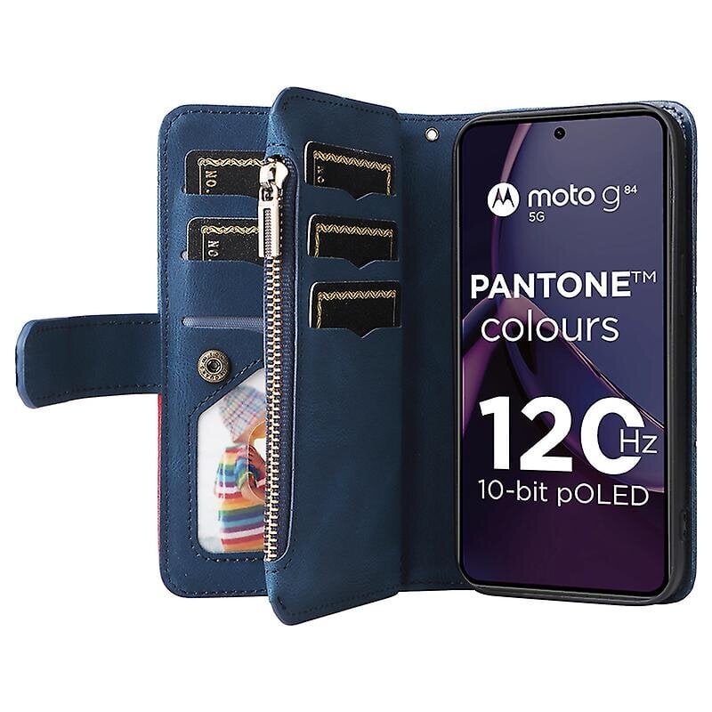 Motorola Moto G84 5g Splicing Lompakkoteline Kotelo Vetoketju 9 korttipaikkaa Nahka CoverBlue hinta ja tiedot | Puhelimen kuoret ja kotelot | hobbyhall.fi