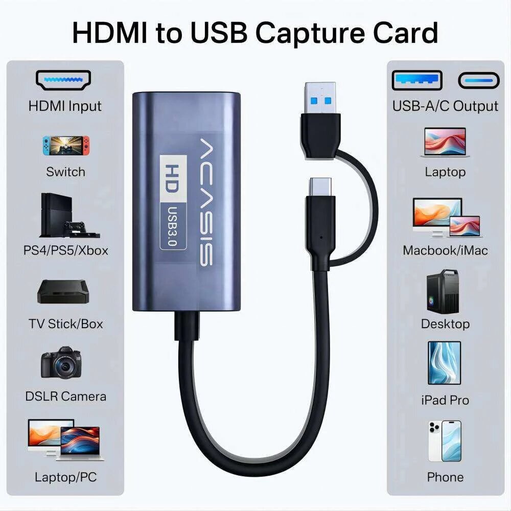 Acasis 4K 30Hz Hdmi Hd Usb-A/C Switch Video Capture Card 1080P 60Fps hinta ja tiedot | Adapterit | hobbyhall.fi