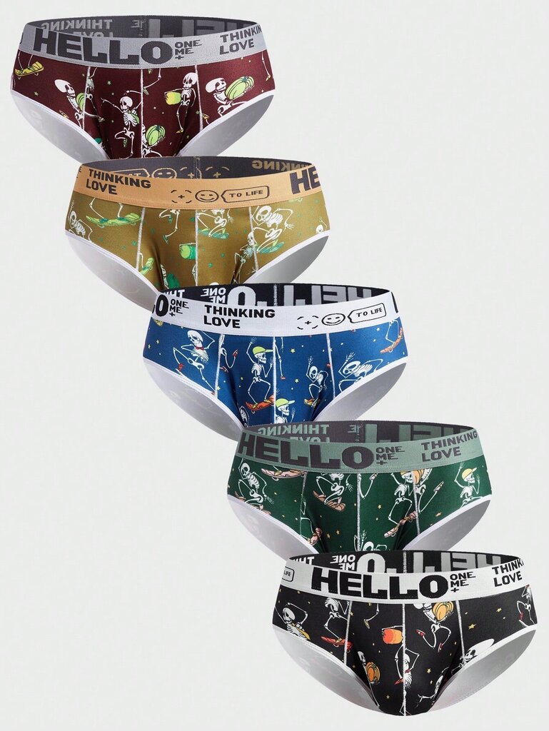 Miesten Halloween 5kpl Skeleton & Letter Graphic Brief·Multicolor·M hinta ja tiedot | Miesten urheiluvaatteet | hobbyhall.fi