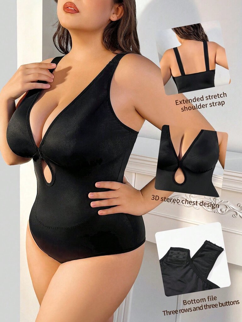 Plus Size Hollow Detail Tyylikäs Bodycon Jumpsuit·Musta·1XL hinta ja tiedot | Muotoilevat alusvaatteet | hobbyhall.fi