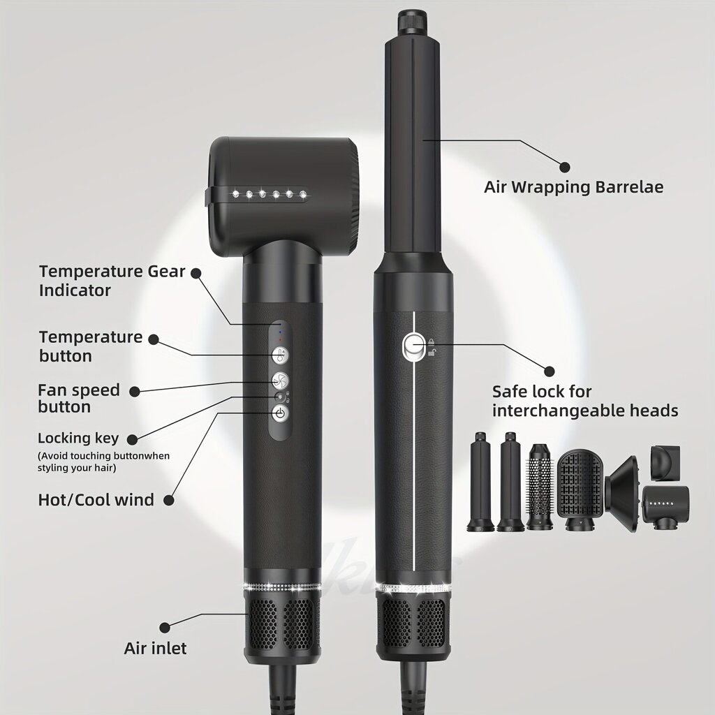 AUGUSDEA 7-in-1 -hiustenmuotoilusarja - Nopea 110 000 RPM:n hiustenkuivain kuumailmaharjalla ja 7 lisälaitetta kuivaamiseen, suoristukseen, kihartukseen - Automaattinen sammutus ja negatiivinen ionisuoja - musta hinta ja tiedot | Suoristusraudat ja kihartimet | hobbyhall.fi