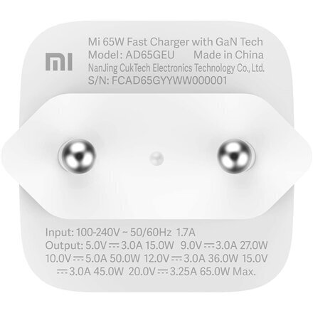 Xiaomi Mi 65W -pikalaturi GaN Tech EU White BHR4499GL hinta ja tiedot | Puhelimen laturit | hobbyhall.fi