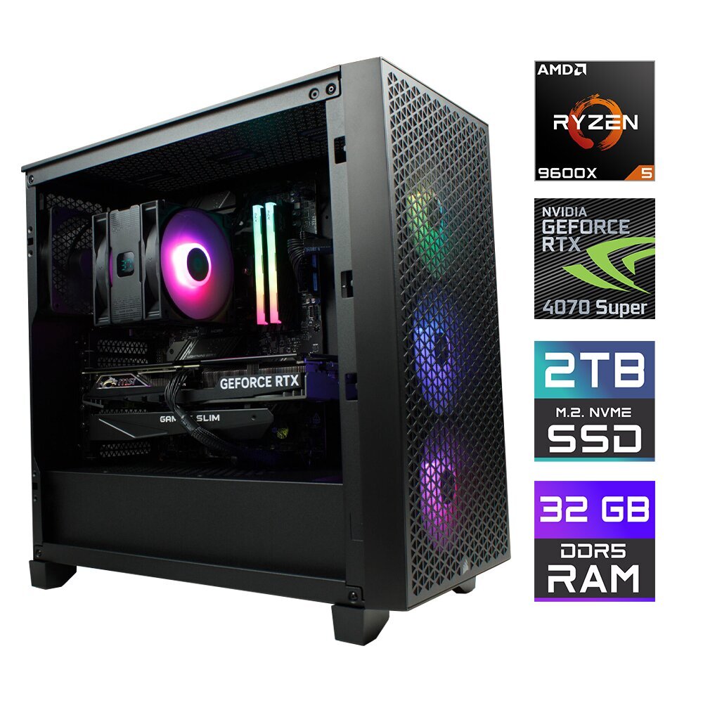 Tietokone MonsterX Ryzen 5 9600X 32GB 2TB NVME RTX4070Super hinta ja tiedot | Pöytätietokoneet | hobbyhall.fi