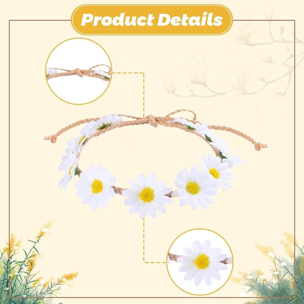 2kpl Valkoinen ja keltainen Daisy Flower -pääpanta Boho Chic Daisy Flower -päänauhat Säädettävät auringonkukkakruunuhiukset hinta ja tiedot | Hiustarvikkeet | hobbyhall.fi