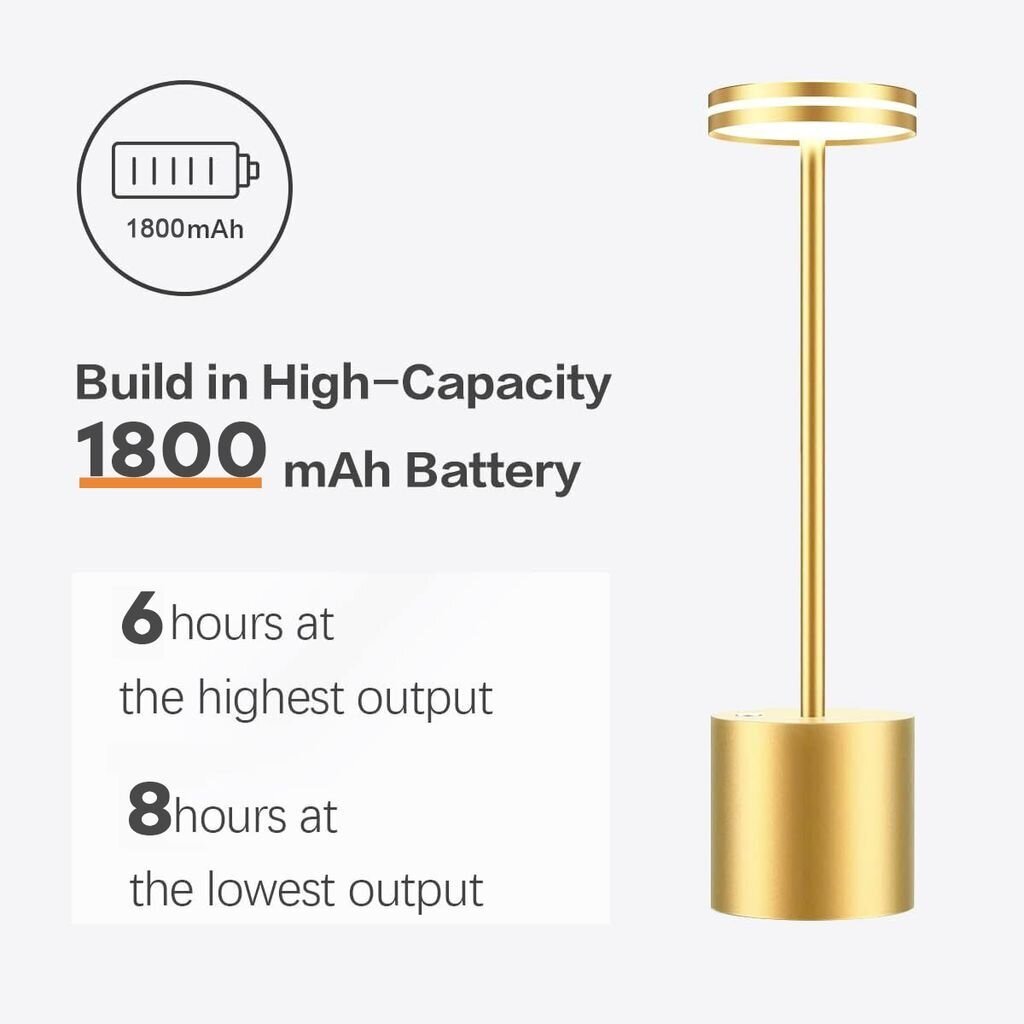 Langaton LED-pöytälamppu, 1800 mAh kosketuspöytälamppu himmennettävä, pöytälamppu akkukäyttöinen ladattava, 3 värilämpötilaa, sopii ulkokäyttöön yöpöydän ruokapöytään, kultainen hinta ja tiedot | Pöytävalaisimet | hobbyhall.fi