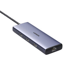 Sovitin UGREEN 90119 CM490 9in1 Type-C Sisään PD60W 2HDMI 2USB3.0 USB2.0 1000mbps SD/TF för HUAWEI Mate40/P50 Samsung S20 hinta ja tiedot | Adapterit | hobbyhall.fi