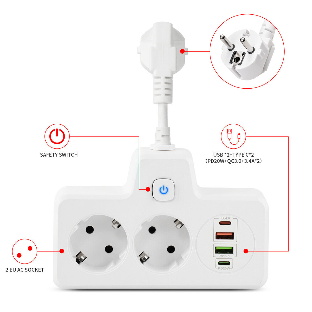 Monitoimipistorasia, QC3.0+PD20W hinta ja tiedot | Kytkimet ja pistorasiat | hobbyhall.fi