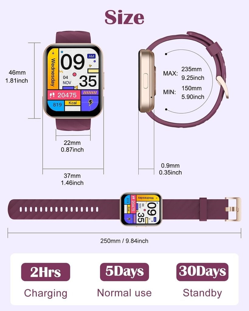 Älykellot naisille Miehet (vastaa / soita) Yhteensopiva iPhone / Android-puhelimien kanssa, 1.85" HD-näytön kuntomittari sykemittari 100+ urheiluseurantakello vedenpitävä (violetti) hinta ja tiedot | Älykellot | hobbyhall.fi