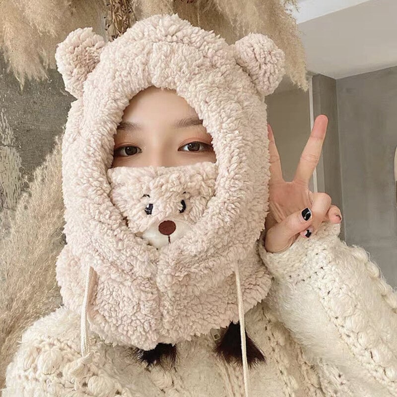 (56-58cm-beige) Sarjakuva Bear Ear Lamb Talvihatut naamiolla Lämmin paksunnettu korvasuojaus Balaclava Caps Syksy Skullies Pipot naisille Tytölle hinta ja tiedot | Naisten päähineet | hobbyhall.fi