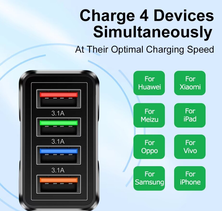 Nopea 4 USB-laturi Quick Charge 3.0 Nopea USB-seinälaturi Kannettava mobiililaturi valkoinen hinta ja tiedot | Puhelimen laturit | hobbyhall.fi