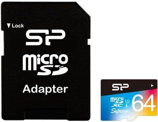 Silicon Power -muistikortti microSDXC 64GB Superior UHS-I U1 + sovitin hinta ja tiedot | Puhelimen muistikortit | hobbyhall.fi