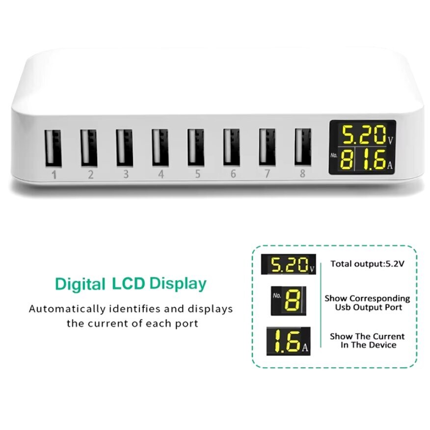 Multi 8-porttinen USB-pikalaturi pöytäpuhelimen laturi Charing station HUB Iphone 14 Samsung Xiaomi hinta ja tiedot | Puhelimen laturit | hobbyhall.fi