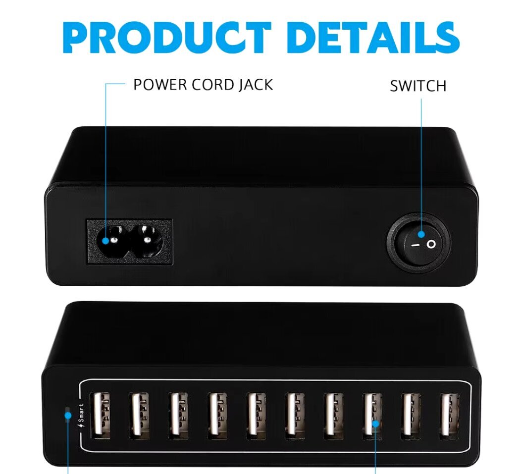 60W 10ports Pikalataus Latausasema Telakaapeli iphone ipad iPod Samsung PC Kindle Multi Charger musta hinta ja tiedot | Puhelimen laturit | hobbyhall.fi