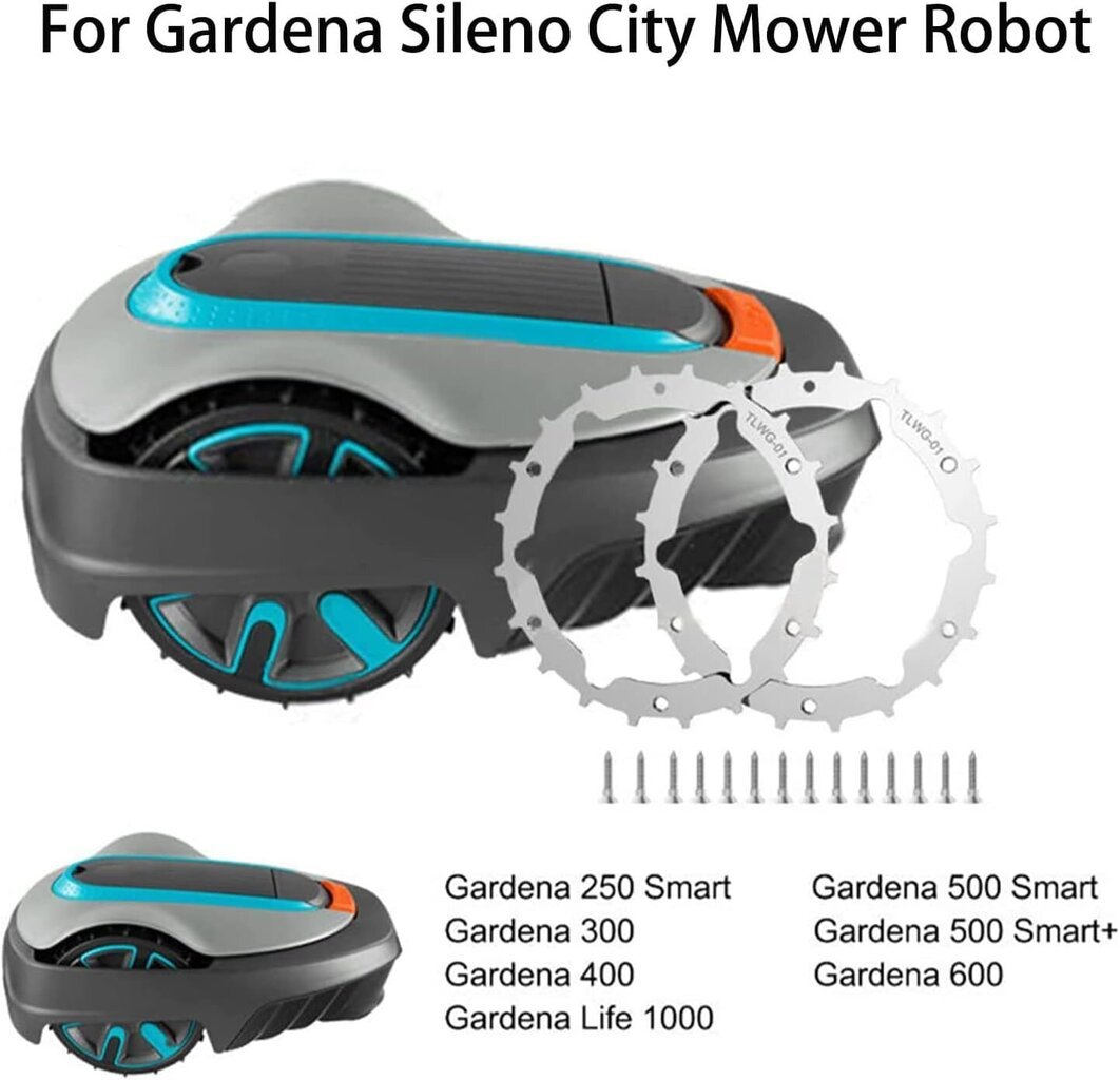 Vetopyörät piikkien vaihto Gardena Sileno City 250 Smart 300 400 600 500 Smart 500 Smart+ Life1000 robottiruohonleikkuriin hinta ja tiedot | Ruohonleikkurit | hobbyhall.fi