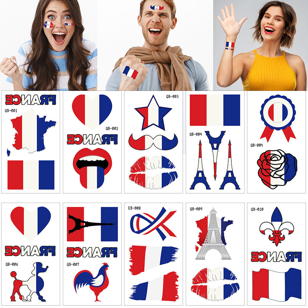 Flag Temporary Tattoos – 10 eri mallia Ranskan lipputatuointeja, jotka sopivat jalkapallo-otteluihin, olympialaisiin, juhliin, festivaaleihin. hinta ja tiedot | Sisustuspaneelit | hobbyhall.fi