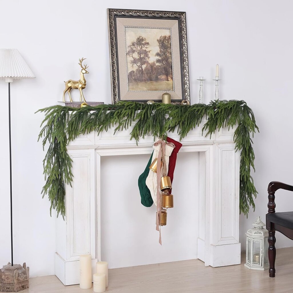 9FT Real Touch Norfolk Pine Garland - Keinotekoinen jouluseppele Vihreä pitkä tekomäntyseppele loma-ikkunaan Takkavaippa sisätilojen ulkokäyttöön hinta ja tiedot | Joulukuuset ja kranssit | hobbyhall.fi