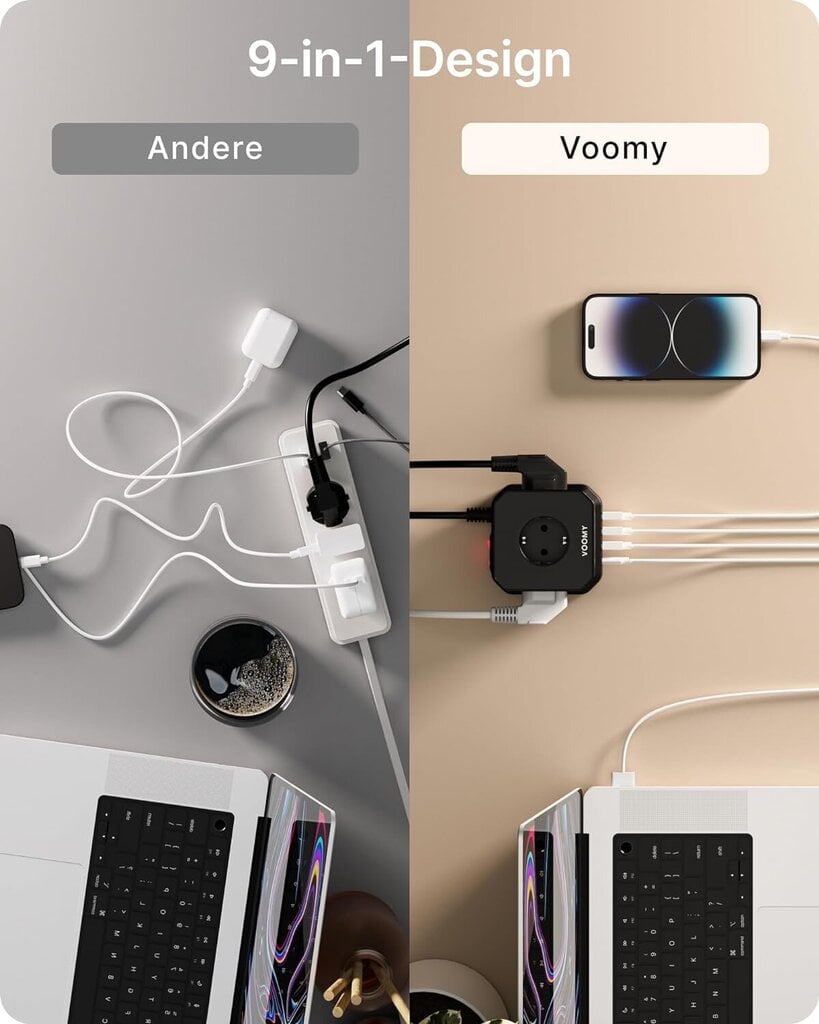 9 in 1 Power Strip, 5 pistorasia ja 4 USB, 2500 W Powercube 2 m kaapeli toimistoon, kotiin, musta hinta ja tiedot | Kytkimet ja pistorasiat | hobbyhall.fi