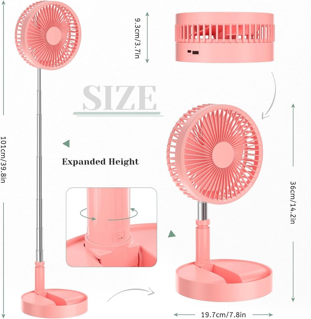 Taitettava työpöydän pystytuuletin, kannettava USB-ladattava sisäänvedettävä tuuletin, 4 nopeusasetusta, 7200 mAh hiljainen pöytätuuletin (vaaleanpunainen) hinta ja tiedot | Tuulettimet | hobbyhall.fi