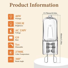 15 kpl G9 halogeeniuunipolttimo, lämmönkestävä 300°C Sopii uunipolttimolle, mikroaaltouunille, 40W hinta ja tiedot | LED-valonauhat | hobbyhall.fi