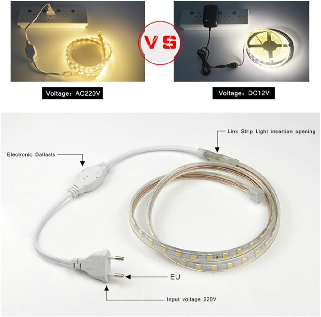 Täydellinen sarja LED-nauha 5 metriä 220V IP65 LED pistokkeella, ei vaadi muuntajaa - Lämmin valo hinta ja tiedot | LED-valonauhat | hobbyhall.fi