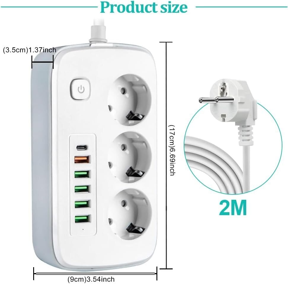 Sähköinen jatkojohto, jatkojohto, ylijännitesuojan virtajohto kytkimellä, 3 pistorasiaa + 6 USB-porttia, 2M virtajohdon jatkojohto hinta ja tiedot | Kytkimet ja pistorasiat | hobbyhall.fi