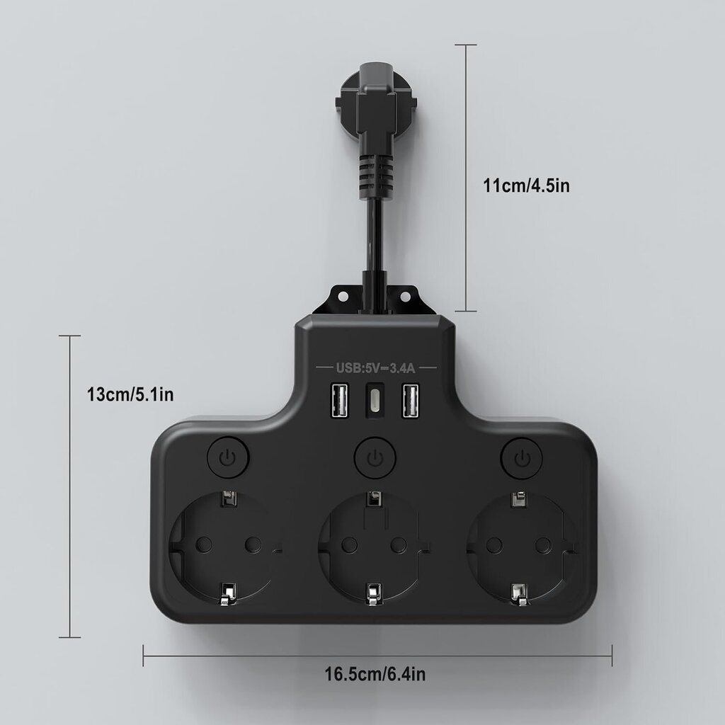 Useita pistorasiaa erillisellä kytkimellä, sähköjohto USB C -seinävirtalähteellä 3 pistorasiaa ja 2 USB-laturia 7 in 1 -pistorasovitin (musta) hinta ja tiedot | Virtalähteet | hobbyhall.fi