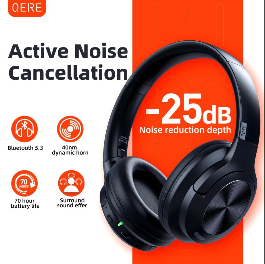 Langattomat kuulokkeet QERE E80 Kuulokkeet bluetooth 5.3 ANC Melunpoisto Hi-Res Audio Over the Ear Headset 70H 40mm Driver2.4G hinta ja tiedot | Kuulokkeet | hobbyhall.fi